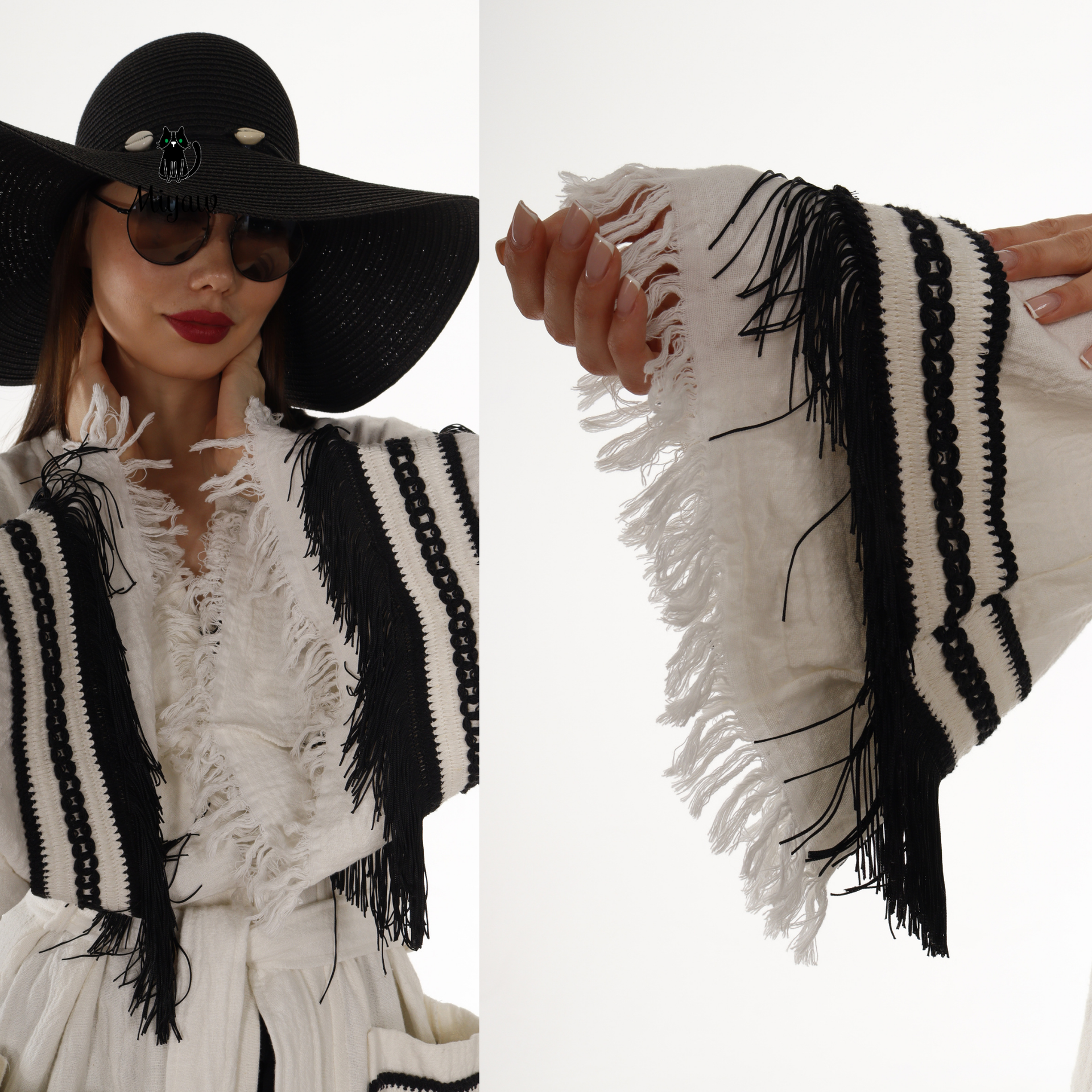 White Kimono Robe with Black Fringe – Boho Western Style