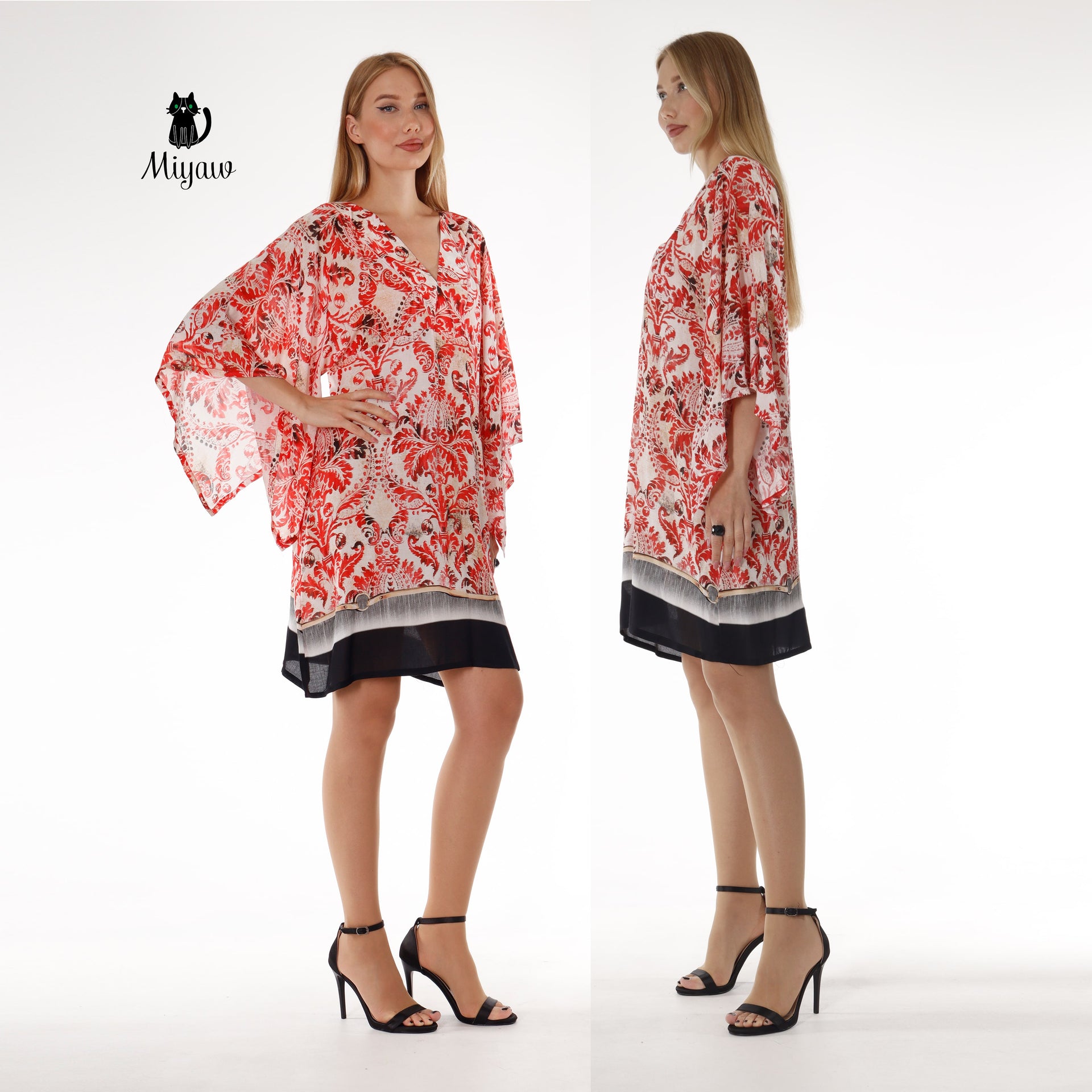 Red Abstract Print Mini Dress | 3/4 Sleeve Resort Wear - Miyawfashion