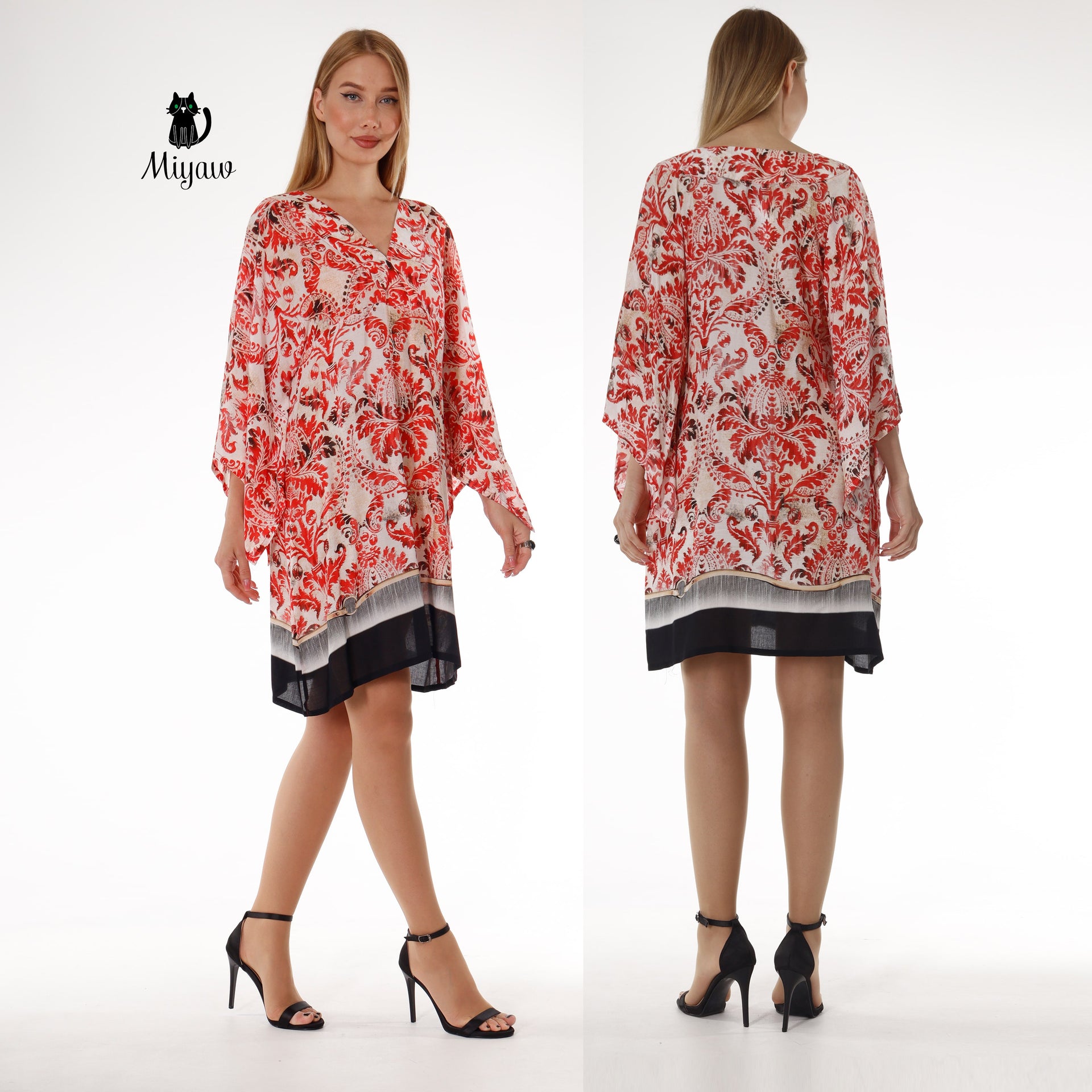 Red Abstract Print Mini Dress | 3/4 Sleeve Resort Wear - Miyawfashion