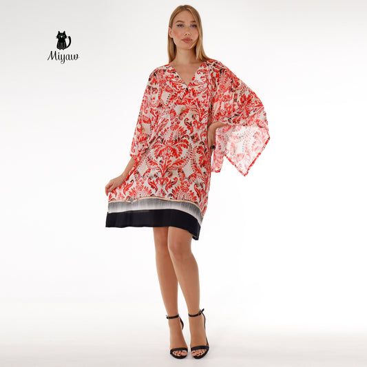 Red Abstract Print Mini Dress | 3/4 Sleeve Resort Wear - Miyawfashion