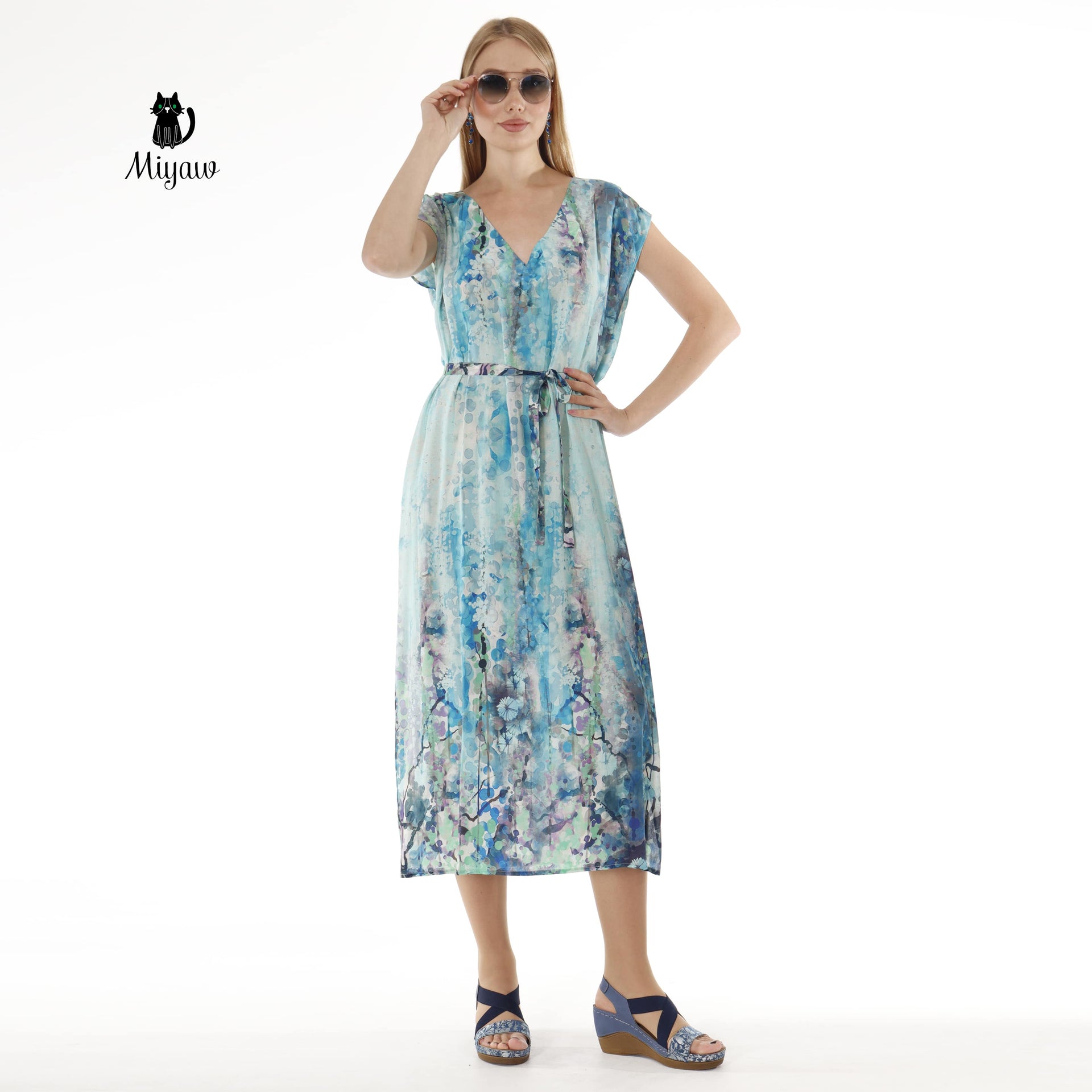 Blue Short Sleeve Maxi Dress with Belt - Abstract Print Summer Dress - Miyawfashion