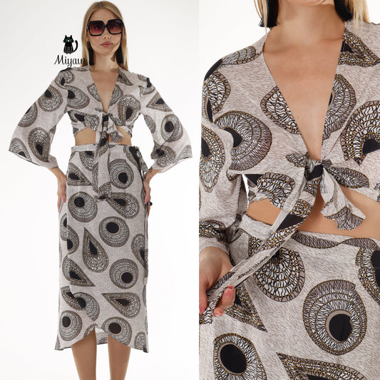 Chic Resort Wear: Black and Gray Crop Top and Skirt Set - Miyawfashion