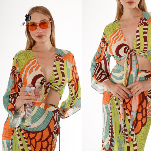 Boho Chic Multi-color Crop Top and Skirt Set - Resort Wear for Summer - Miyawfashion