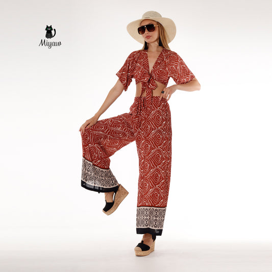Resort Ready Boho Brown Crop Top and Wide Leg Pant Set - Vacation Chic - Miyawfashion