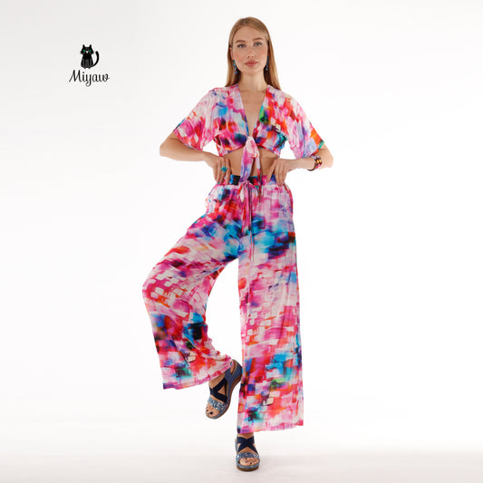 Pink Resort Style Set - Boho Crop Top and Wide Leg Pants - Miyawfashion