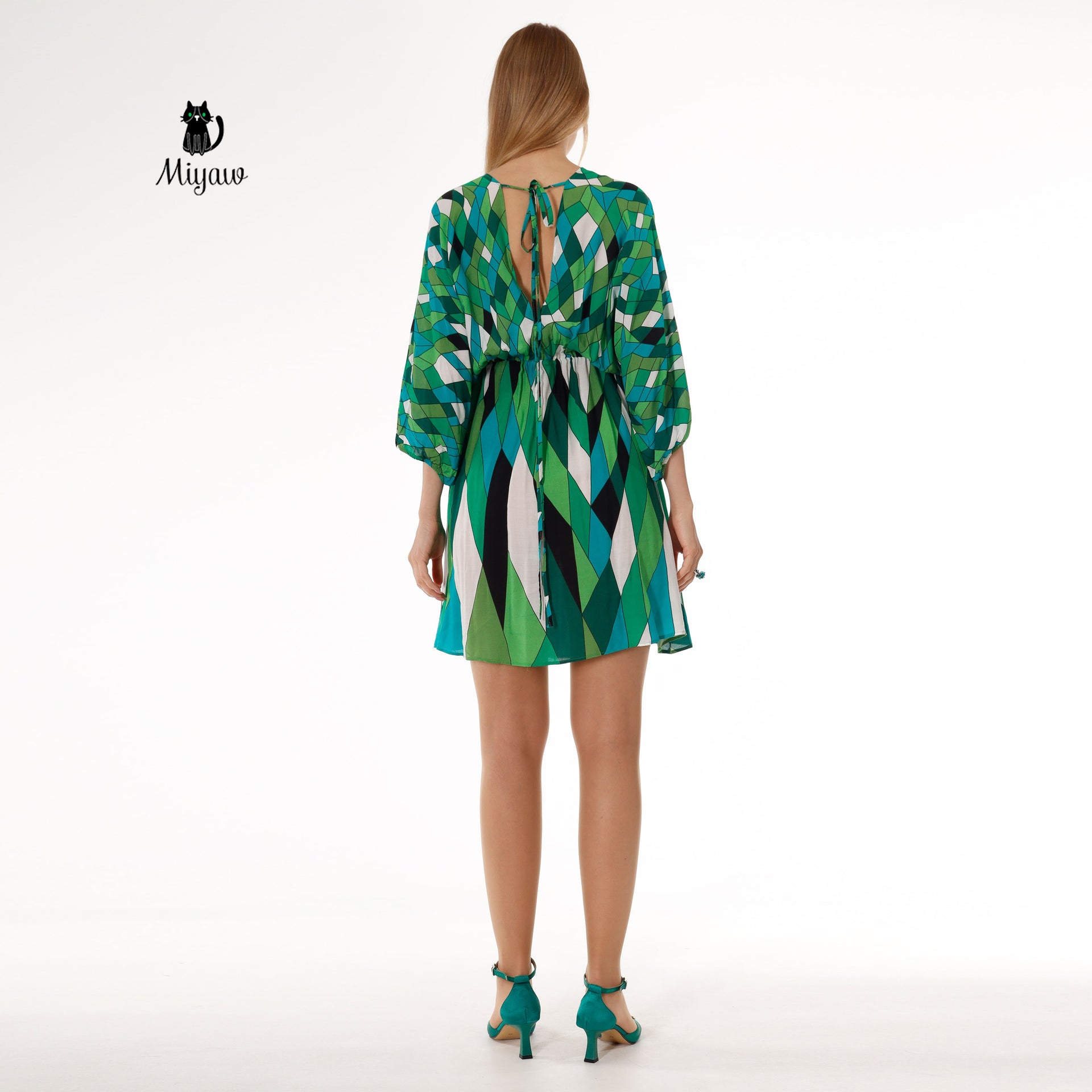 Whimsical V-Neck Mini Dress in Green with Abstract Print, Fairy Style - Miyawfashion