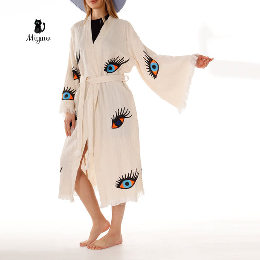 Organic Cotton Evil Eye Kaftan, Kimono Robe for Home