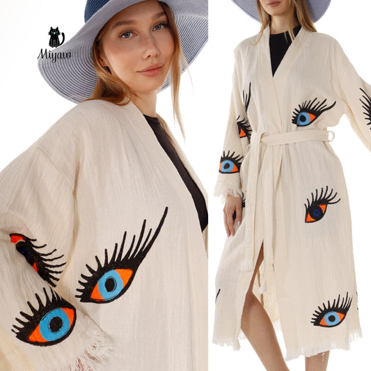 Organic Cotton Evil Eye Kaftan, Kimono Robe for Home