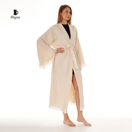 Bohemian Cotton Plain Kaftan Kimono with Fringes