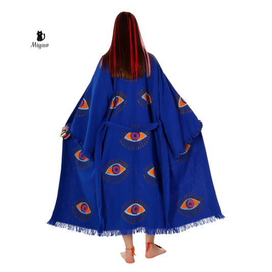 Handmade Blue Protective-eye Kimono Robe for Resort