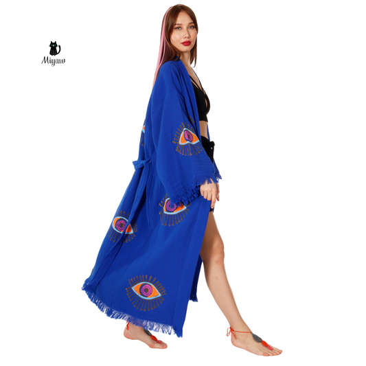 Handmade Blue Protective-eye Kimono Robe for Resort