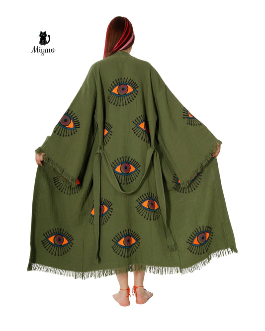 Boho Chic Green Organic Cotton Robe with Evil Eye Print