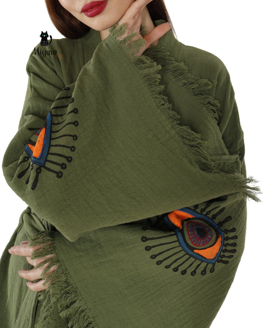 Boho Chic Green Organic Cotton Robe with Evil Eye Print
