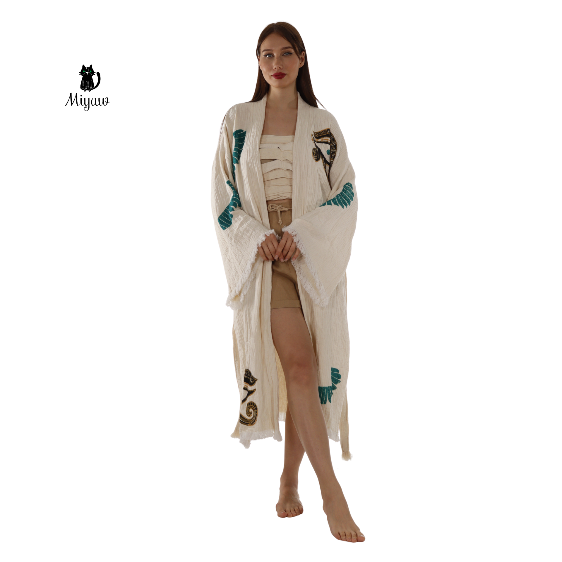 Boho Eye & Wing of Horus Kimono Robe – Organic Cotton