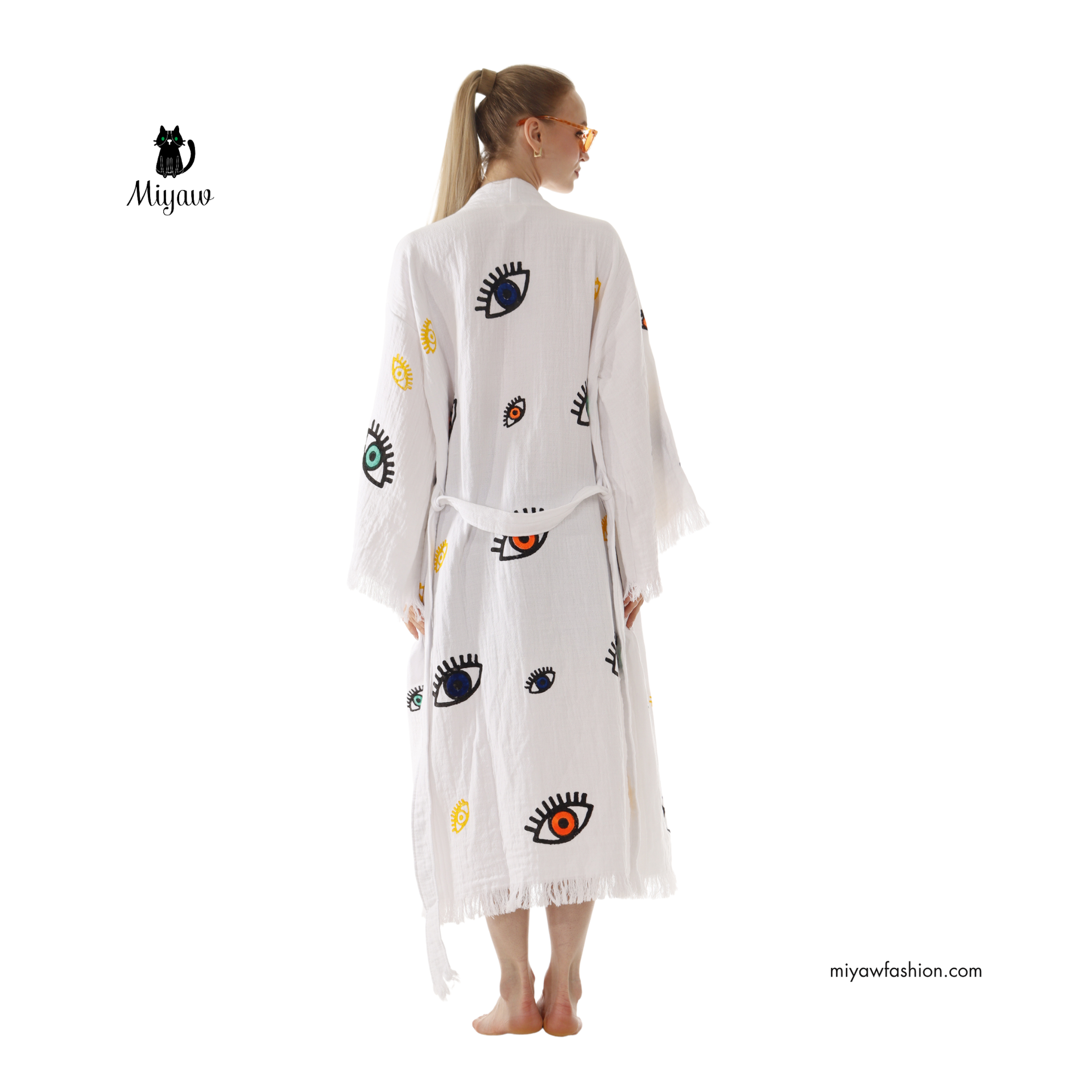 White Boho Evil Eye Kimono – Lightweight Cotton Summer Robe