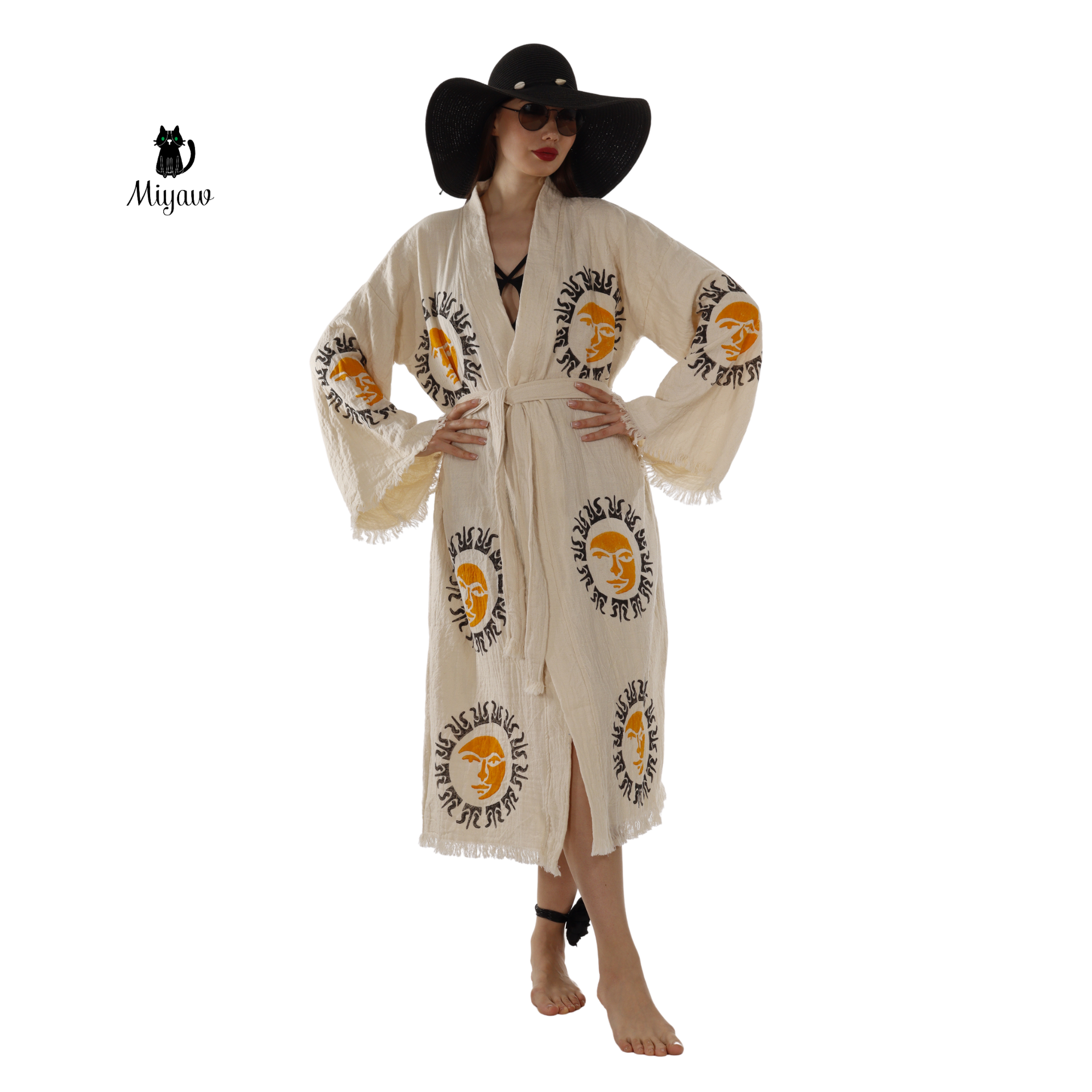 Boho Aztec Sun Kimono Robe – Organic Cotton Natural