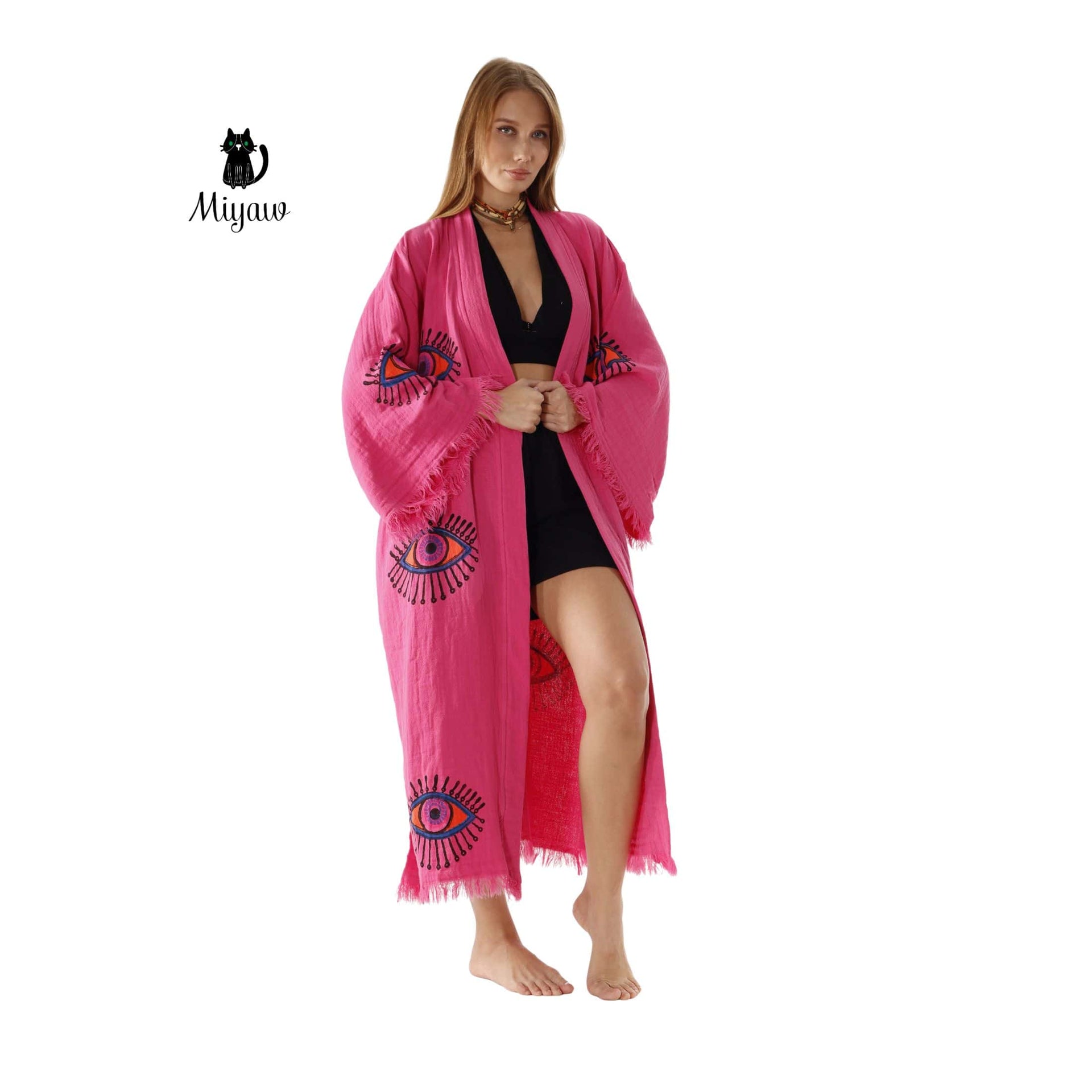Pink Evil Eye Cotton Bathrobe – Boho Protective Kimono Robe