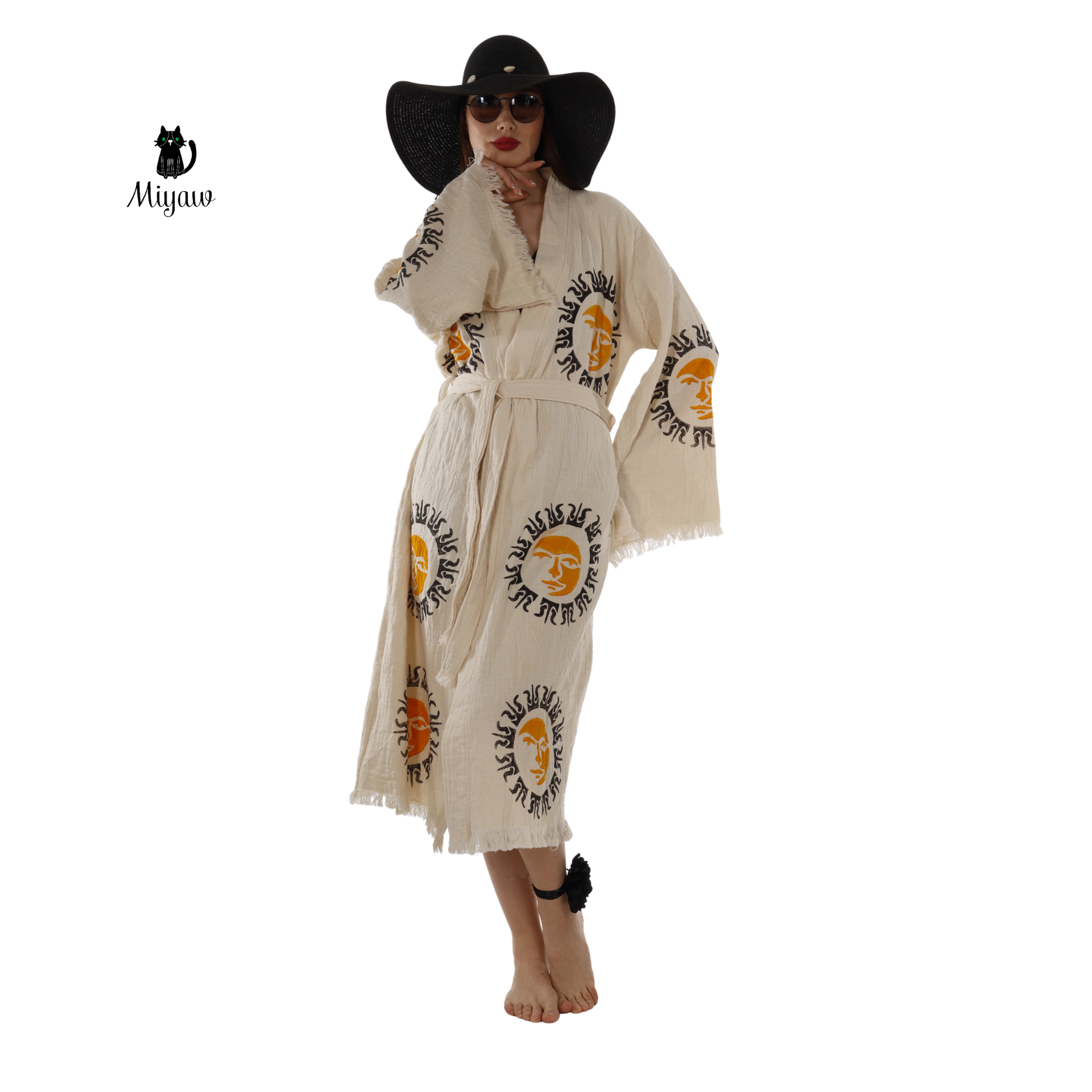 Boho Aztec Sun Kimono Robe – Organic Cotton Natural