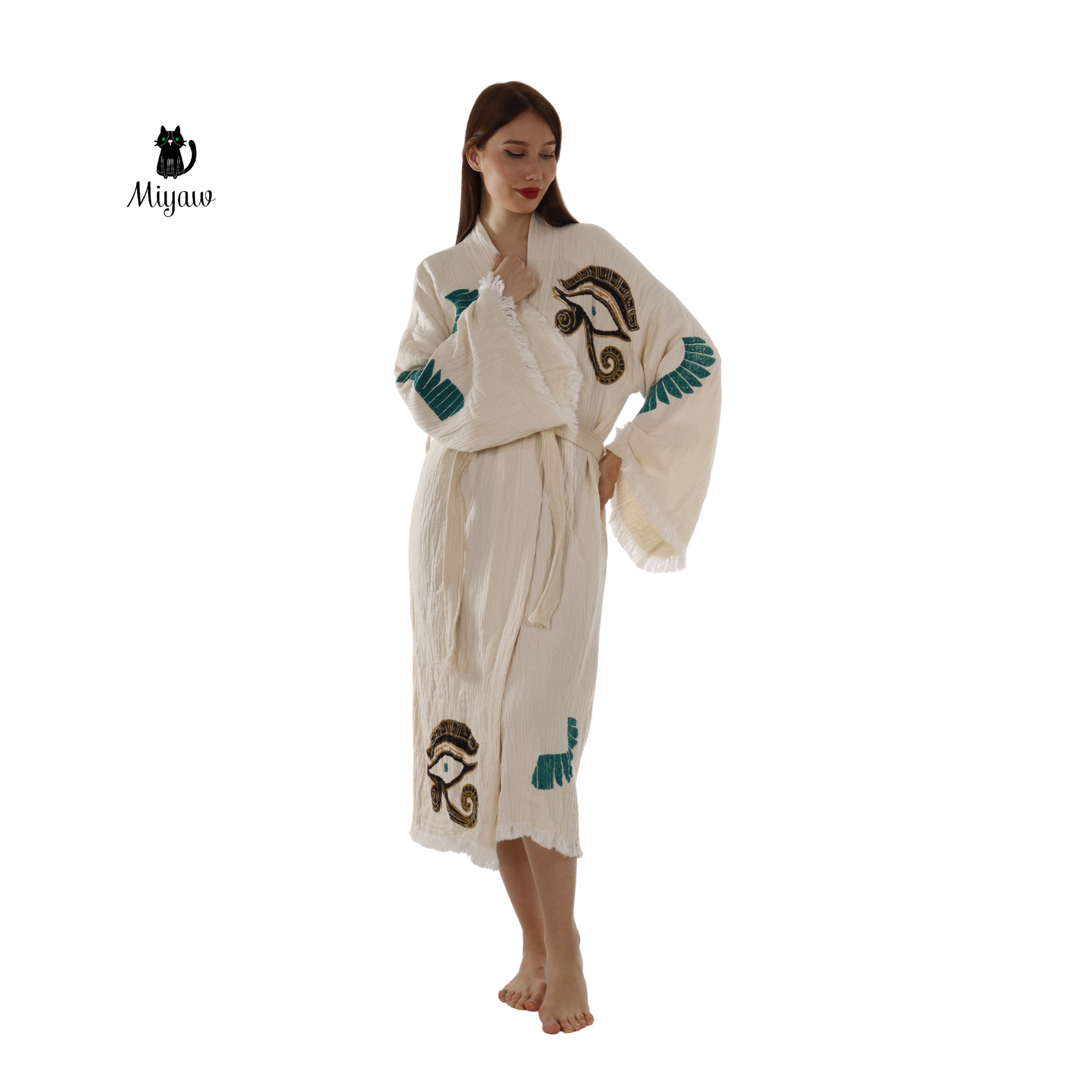 Boho Eye & Wing of Horus Kimono Robe – Organic Cotton