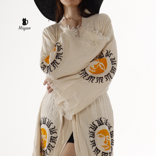 Boho Aztec Sun Kimono Robe – Organic Cotton Natural