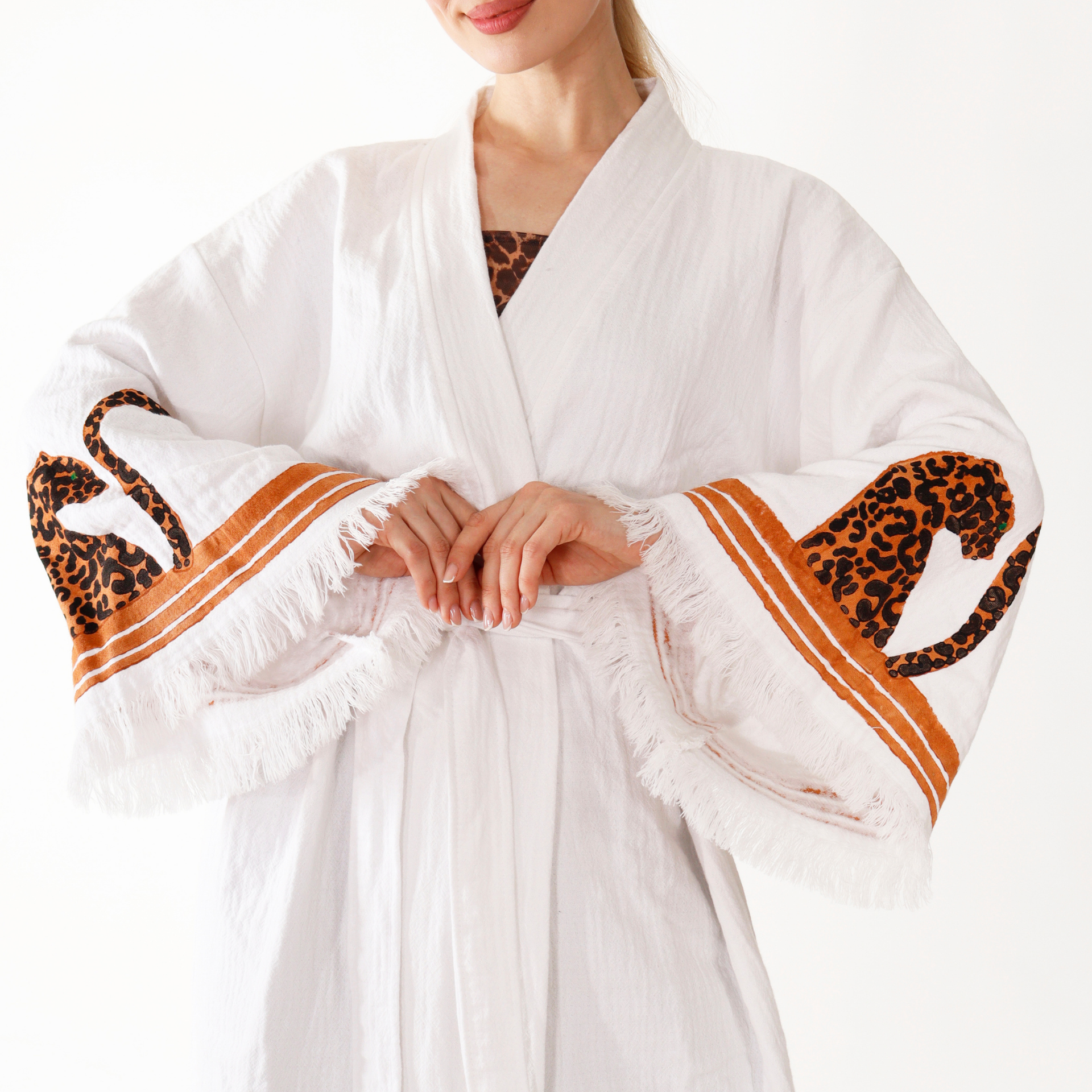 White Boho Leopard Kimono Robe – Organic Cotton Beachwear