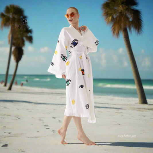 White Boho Evil Eye Kimono – Lightweight Cotton Summer Robe - Miyawfashion