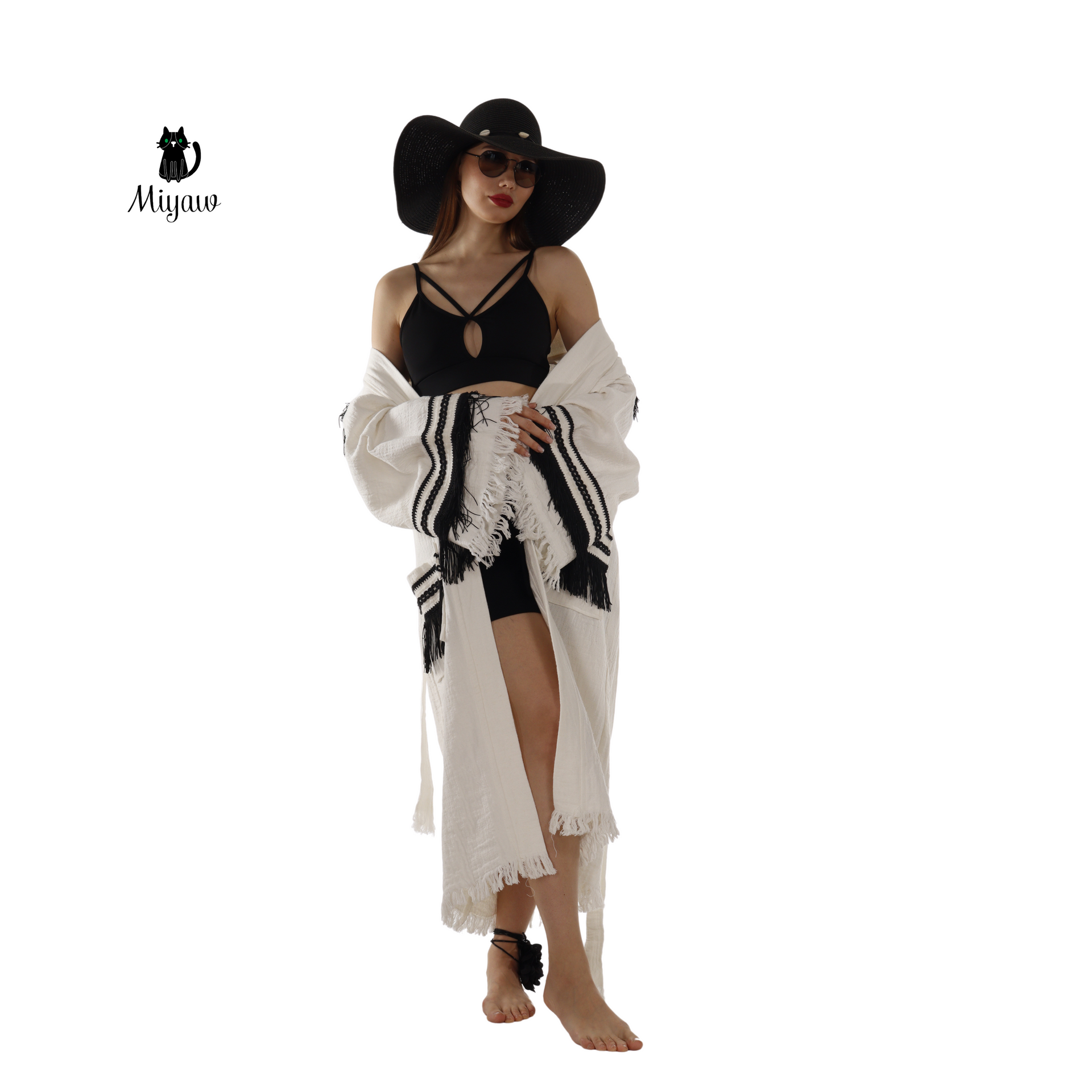 White Kimono Robe with Black Fringe – Boho Western Style