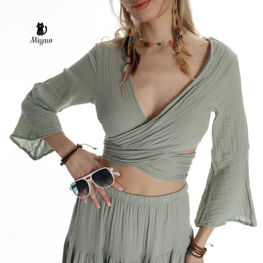 Boho Green Summer Cotton Tie Top - Resort Wear Essential - Miyawfashion