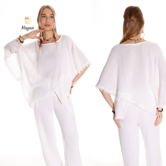 Handmade Organic Cotton Boho Top with Bat-Wing Sleeves - Miyawfashion