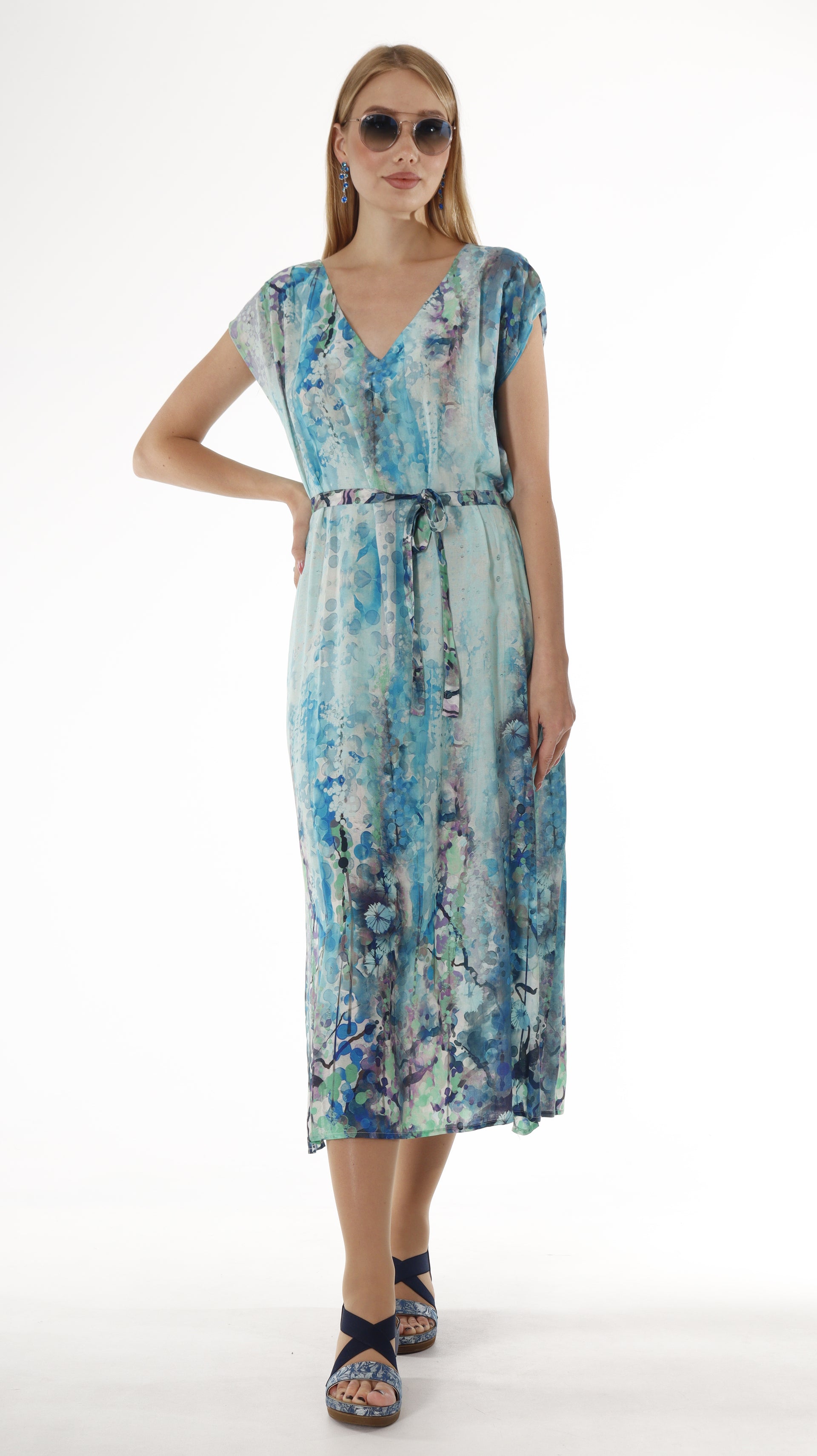 Blue Short Sleeve Maxi Dress with Belt - Abstract Print Summer Dress - Miyawfashion