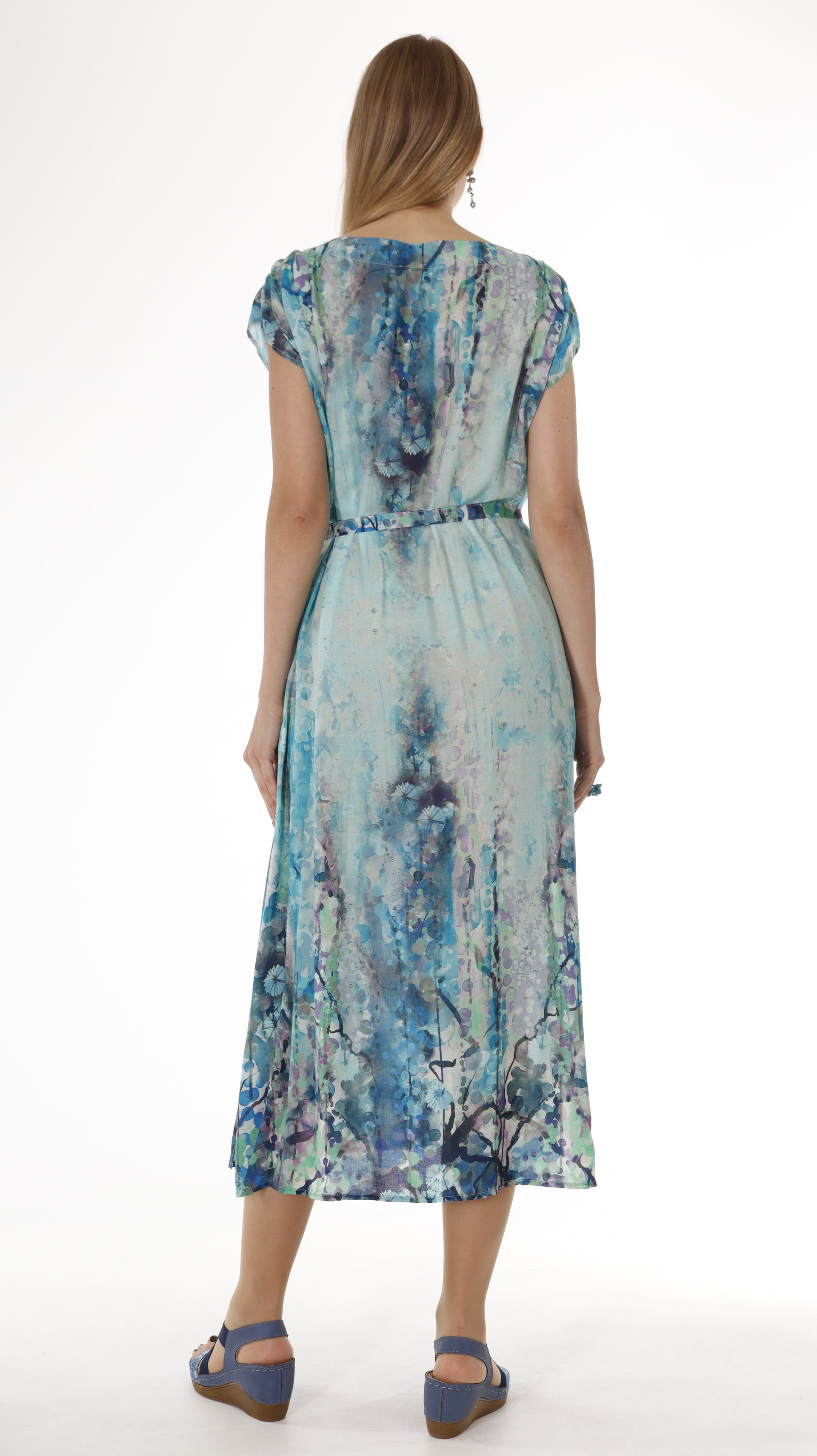 Blue Short Sleeve Maxi Dress with Belt - Abstract Print Summer Dress - Miyawfashion