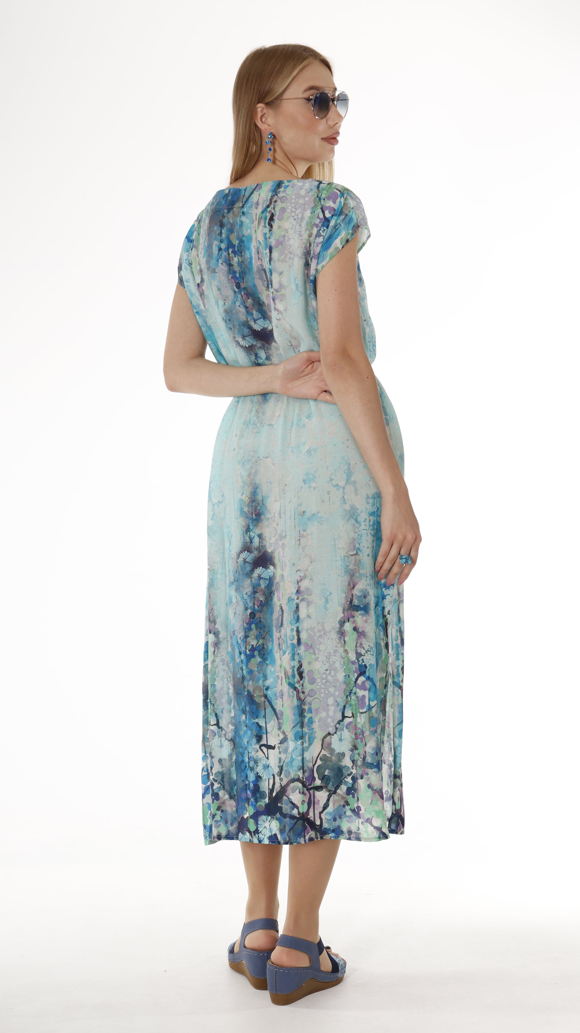 Blue Short Sleeve Maxi Dress with Belt - Abstract Print Summer Dress - Miyawfashion