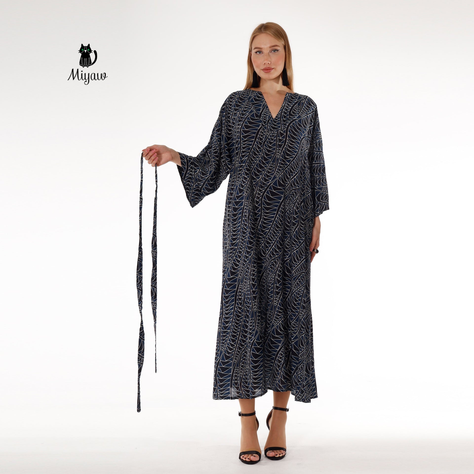 Maxi black long sleeve dress with V-neck