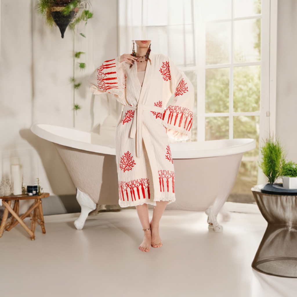 Boho Handmade Tree & Coral Stamped Bathrobe - Unique Handcrafted - Miyawfashion