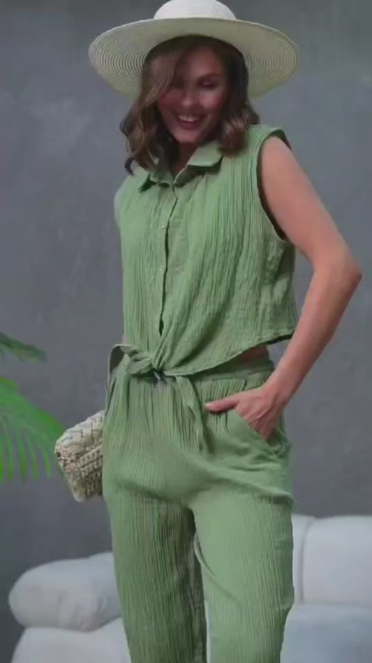Wholesale Cotton Button-Up Crop Top and Pants Outfits Set for Women
