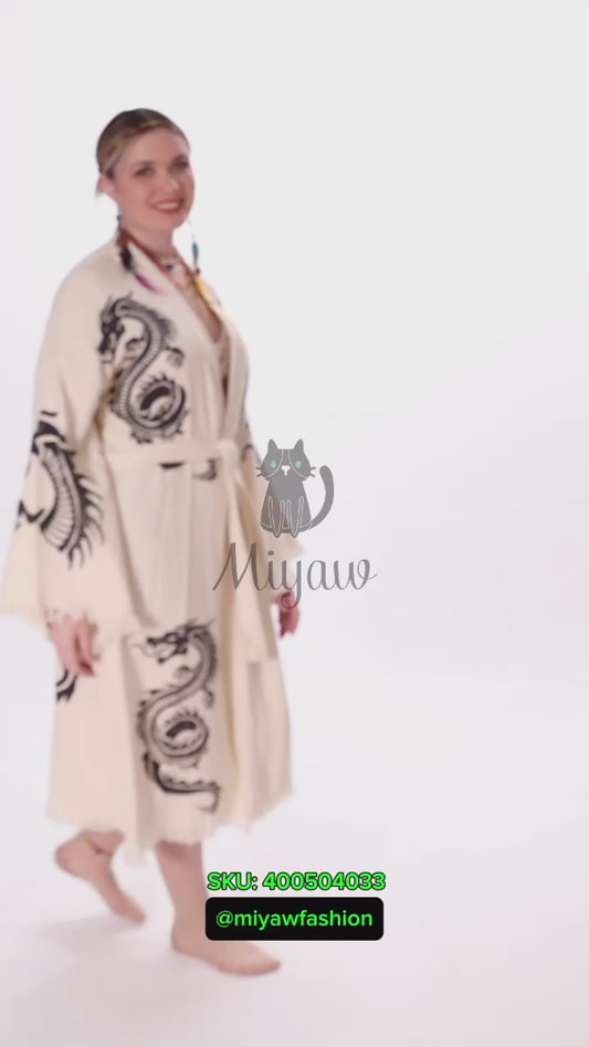 Boho Dragon Bath Robe: Handcrafted in Organic Cotton - Miyawfashion