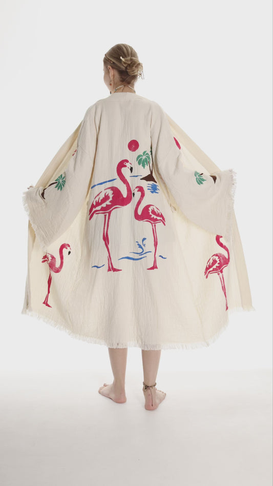 Handcrafted Organic Cotton Flamingo Print Kimono Robe - Beach Ready! - Miyawfashion