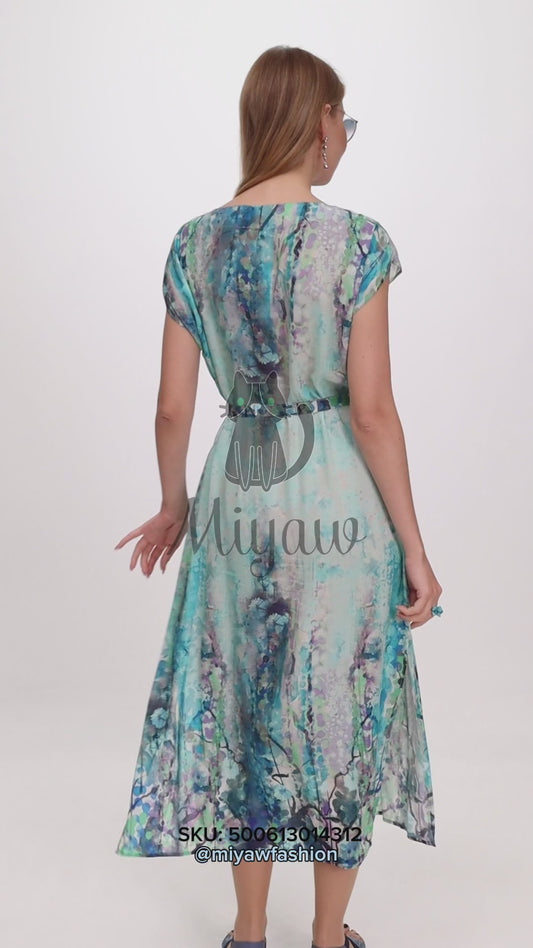 Blue Short Sleeve Maxi Dress with Belt - Abstract Print Summer Dress - Miyawfashion