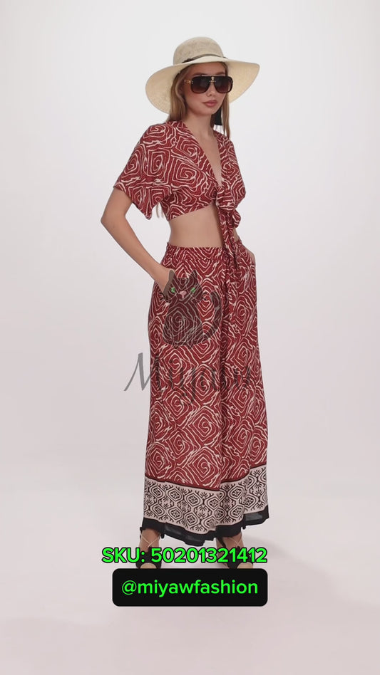 Resort Ready Boho Brown Crop Top and Wide Leg Pant Set - Vacation Chic - Miyawfashion