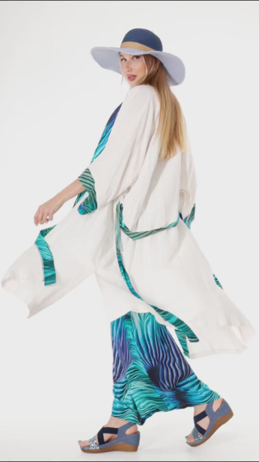 Resort Linen Cover Up, Linen Kimono Robe with blue belt