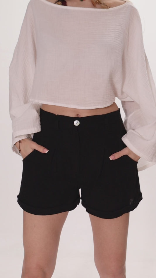 Black Women's Cotton Shorts with Pockets - Resort Chic Must-Have - Miyawfashion