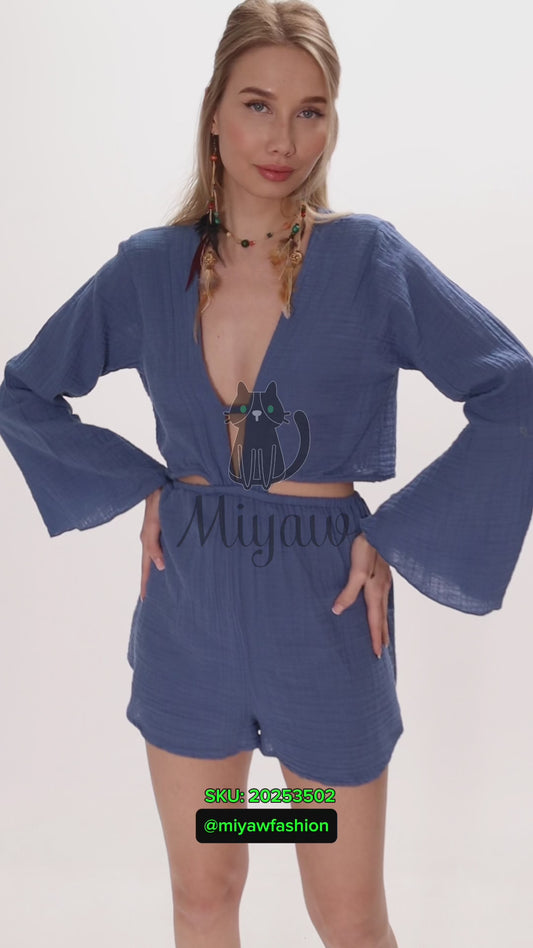 Bohemian V-Neck Cotton Jumpsuit with Long Wide Sleeves, Women's One-Piece