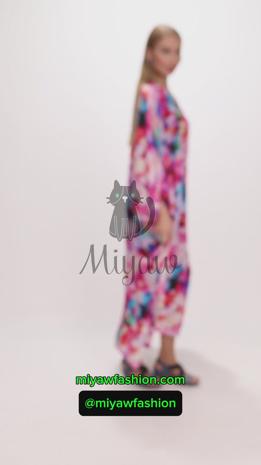 Boho Pink Maxi Dress with Bat Wing Sleeves and V Neck - Chic Style - Miyawfashion