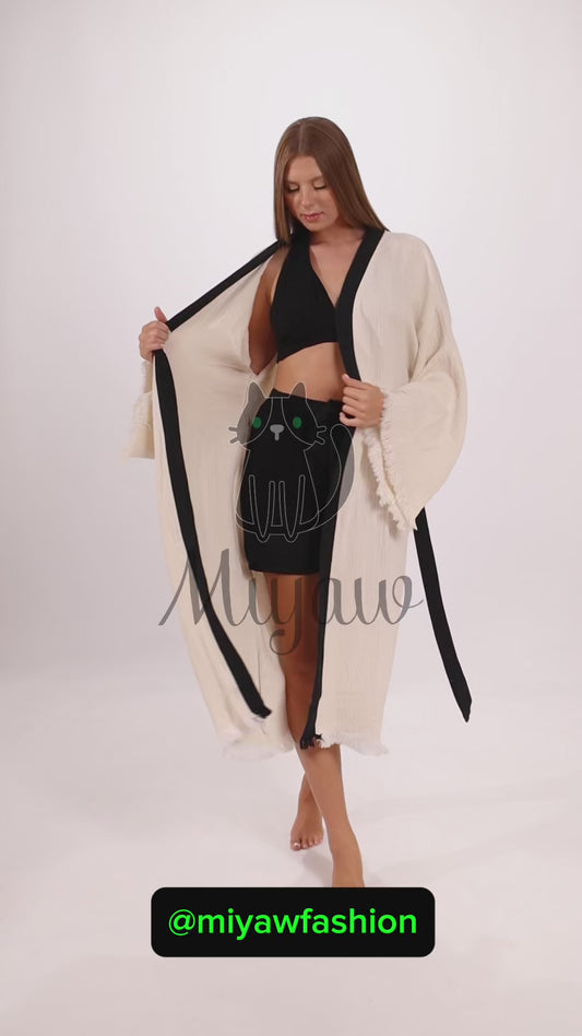 White Cotton Kimono Bathrobe with Boho Tree Print - Miyawfashion