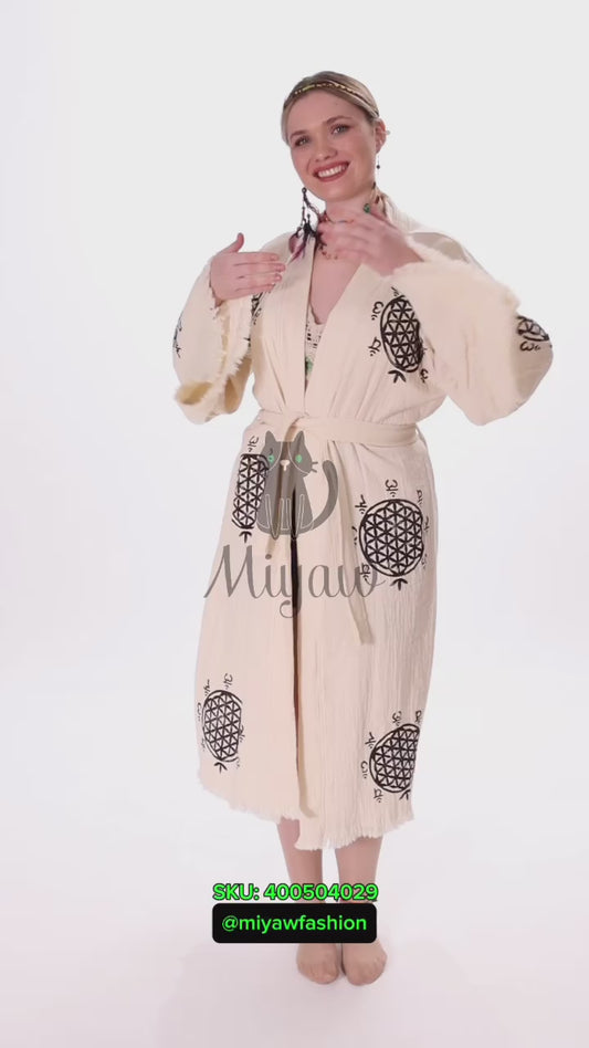 Boho Flower of Life Print Beach Kimono Robe // Handcrafted Organic Cotton Cover-Up - Miyawfashion