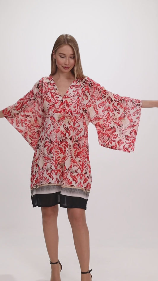 Red Abstract Print Mini Dress | 3/4 Sleeve Resort Wear - Miyawfashion