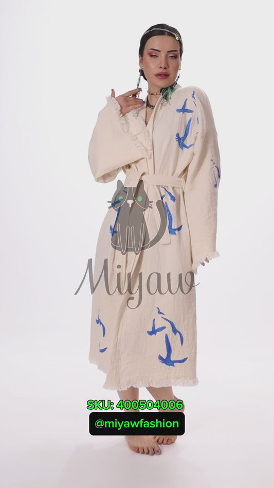 Handcrafted Seagull Print Kimono Robe in Organic Cotton - Bohemian Beach Cover Up - Miyawfashion