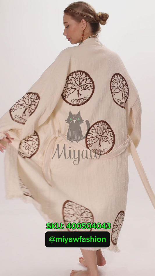 Brown Tree of Life Stamp Bathrobe - Boho Handcrafted Beach Kimono - Miyawfashion
