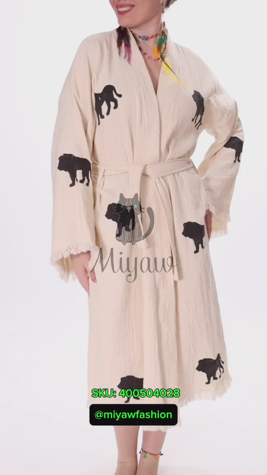 Boho Lion Stamped Beach Kimono Robe - Handcrafted Bohemian Cover-Up - Miyawfashion
