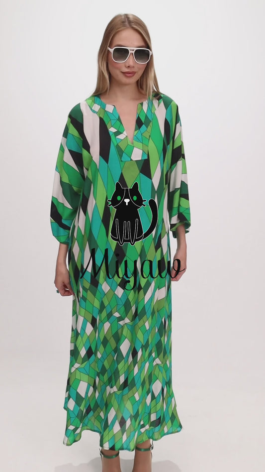 Elegant Green V-Neck Maxi Dress for Modest Women - Miyawfashion